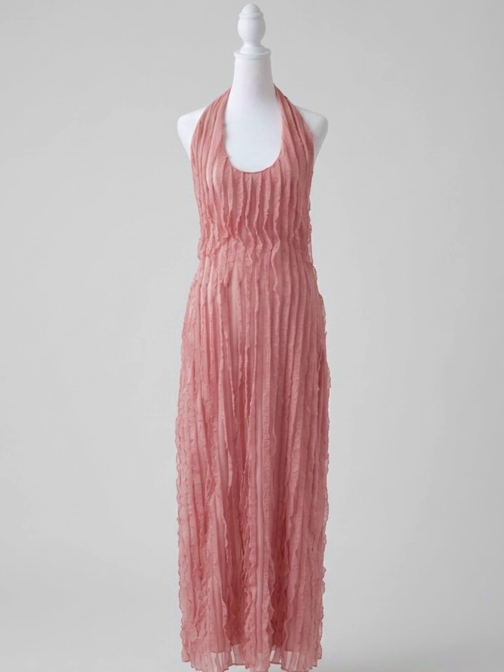 NWT Micas Sheer Mesh Ruffle Texture Halter Backless Maxi Dress